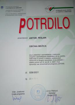 potrdilo o opravljenem usposabljanju Anton Pesjak